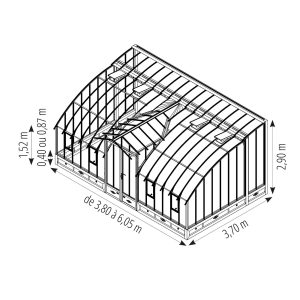 Invernadero de Antaño Montesquieu, de 3,70 m de ancho, sobre un muro bajo